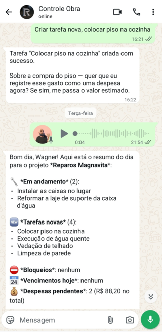 Demonstração do FalaObra no WhatsApp